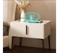 Mesita De Noche para Dormitorio, Estación De Carga, Mesita De Noche con Cajón De Almacenamiento, Mueble Auxiliar De Cama con Losa De Roca, Acabado De Cuero,Beige-40x40x48cm