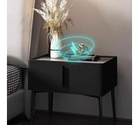 Mesita De Noche para Dormitorio, Estación De Carga, Mesita De Noche con Cajón De Almacenamiento, Mueble Auxiliar De Cama con Losa De Roca, Acabado De Cuero,Black-40x40x48cm