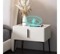 Mesita De Noche para Dormitorio, Estación De Carga, Mesita De Noche con Cajón De Almacenamiento, Mueble Auxiliar De Cama con Losa De Roca, Acabado De Cuero,White-40x40x48cm