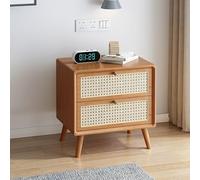 Mesita de noche rústica de ratán con 2 cajones, mesa auxiliar de madera maciza para sala de estar, dormitorio, mesita de noche tejida con almacenamiento, color marrón, 35 x 40 x 49 cm