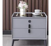 Mesita de noche sencilla con cerradura de huella dactilar, mesita auxiliar LED con estación de carga, mesita de noche con 2 cajones y tapa de cristal, mueble auxiliar que ahorra espacio, blanco - 35*