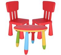 Mesita infantil redonda roja, Ø70 x H.48cm y 2 Silla infantil roja en plástico fuerte y resistente, L:38 cm x F:35 cm x H:67 cm