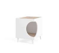 Mesita mascotas ellie blanco y roble, orificio entrada lateral, 1 puerta. mesa auxiliar, casa para gatos y perros, para caja de arena, mesita de noche