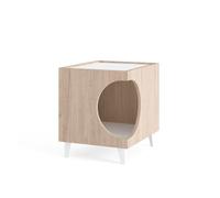 Mesita mascotas ellie roble y blanco, orificio entrada lateral, 1 puerta. mesa auxiliar, casa para gatos y perros, caja de arena, mesita de noche