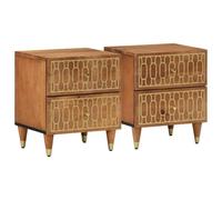 Mesitas de noche 2 uds madera maciza de mango 40x33x46 cm, nightstands with storage drawers, solid mango wood bedside tables, elegant retro floral carved design, sturdy iron legs for bedroom decor