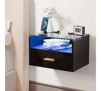 Mesitas de Noche Flotantes con IluminacióN LED RGB y 2 Salidas de AC/2 Puertos Usb,Mesitas de Noche Colgantes de 3 Niveles con Madera,1 CajóN y 1 Estante de Vidrio Templado para Dormitorio (Negro)