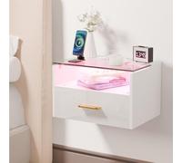 Mesitas de Noche Flotantes con IluminacióN LED RGB y 2 Salidas de AC/2 Puertos Usb,Mesitas de Noche Colgantes de 3 Niveles con Madera,1 CajóN y 1 Estante de Vidrio Templado para Dormitorio (Blanca)