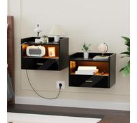 Mesitas de Noche Pack 2 Flotantes con IluminacióN LED y 1 Toma de AC/2 Puertos USB, Mesitas de Noche Colgantes con 1 CajóN y 2 Estantes Abiertos, 40x30x30cm, para Dormitorio y Sala de Estar (Negro)