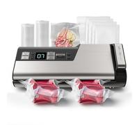 Mesliese Máquina selladora al vacío, 95 kPa 140 W, sellador de alimentos con una sola mano, tira de doble sellado con cortador integrado y pantalla de cuenta regresiva, 2 rollos de bolsa (Gris)