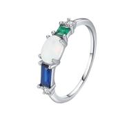 Mesnt Alianzas de boda para mujer, anillo fino de oro blanco de 9 quilates, 14 quilates y 18 quilates, ópalo ovalado de 4 x 6 mm, zafiro y esmeralda creados en laboratorio, Metal, Ópalo Moissanita