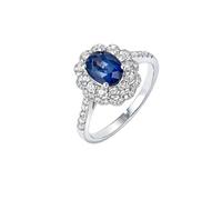 Mesnt Anillo de compromiso de oro blanco con diamantes de halo de lujo para mujer con flor de zafiro ovalado de 0,79 quilates, Metal, Zafiro Diamante