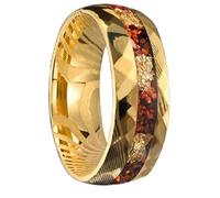 Mesnt Anillo de compromiso para hombre y mujer, tungsteno damasco con hoja de oro y fragmentos de ópalo, color rojo dorado, talla 58 (18,5)