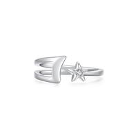 Mesnt Anillo para mujer, diseño abierto de estrella y luna con anillo solitario redondo de diamante de laboratorio, Metal, No es una piedra preciosa Diamante de laboratorio Sin piedras preciosas