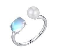 Mesnt Anillos ajustables para mujer, oro blanco de 9 K, 14 y 18 quilates, cómodo anillo ajustable abierto con piedra lunar ovalada de 6 x 8 mm y perla redonda, Metal, Piedra lunar