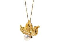 Mesnt Collar con colgante de hoja mate de oro amarillo de 9K/14K/18K y perla de 8-8,5 mm para mujer, Metal, No es una piedra preciosa