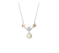 Mesnt Collar para mujer de boda, oro blanco de 18 quilates y oro amarillo para mujer con perla de forma redonda de 9 mm y rubí sintético, colgante de diamante de 0,03 quilates