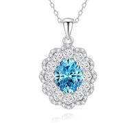 Mesnt Collares de moda para mujer, colgante ovalado de halo floral con piedras preciosas de 10 x 8 mm y colgante de moissanita, collares de 40 + 5 cm, oro blanco/platino, Metal, Topacio azul