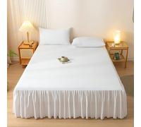 Mesnt Faldón de cama con faldón de fibra química, color sólido, 2 fundas de almohada de fácil cuidado, color blanco, Super King (200 x 220 cm)