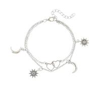 Mesnt Tobillera plateada para mujer, doble cadena con corazón entrelazado y sol, colgante de luna para mujer, longitud: 21 + 7 cm