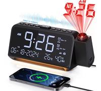 Mesqool Radio Despertador Proyector de Techo con Proyector de 320°, Modo día laborable/Fin de Semana, 2 Alarmas, Cargador USB Tipo C, FM, Regulador de Intensidad, Temperatura, Humedad, Snooze, 12/24H