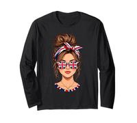 Messy Bun British Girl - Gafas de Sol con Bandera del Reino Unido Manga Larga