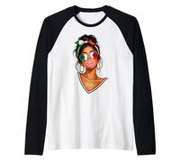 Messy Bun Ragazza Italiana Bandera Italiana Chica Gafas Italia Camiseta Manga Raglan