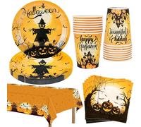 MestectPET 57 Piezas Juego de Vajilla para Fiesta de Halloween, Platos Vasos Servilletas y Mantel de Papel para 16 Invitados, Ideal para Hogar Fiestas Decoración de Mesa
