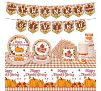 MestectPET 98 Piezas Vajilla para Fiesta de Acción de Gracias, Platos Vasos Servilletas De Papel Mantel Pancarta Para 24 Invitados,Juego de Vajilla de Hoja de Arce para Decoración de Mesa de Otoño