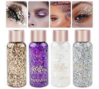 Mesybveo 4 Piezas Botella Gel de Purpurina Corporal, Cara, pelo, Chunky Glitter gel Maquillaje Festival, Lentejuelas de Sirena con Purpurina Líquida