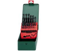 Metabo 627152000 627152000-Estuche metálico de Brocas HSS-R 25 Piezas Afilado de Superficie cónica de 118º diámetros de 1,0 a 13,0 mm x 0,5 mm, 0 W, 0 V, Negro