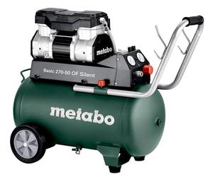metabo Compresor Basic 270-50 OF Silent - Caldera de 50 l, 10 bar de presión, 130 l/min de potencia de llenado, sin aceite, silencioso y portátil, para bricolaje y profesionales - Incluye acoplamiento