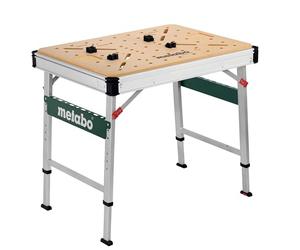metabo Mesa Multifuncional MWB 100, Banco de Trabajo de Aluminio y MDF | Mesa de trabajo ajustable y robusta para taller portátil, mesa plegable con ranura en T y nivelador, soporta hasta 120 kg.