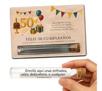 METACREART Tarjeta regalo sorpresa - 50 cumpleaños hombre, regalos 50 cumpleaños mujer - Regalo original en madera con tubo para sorprender con vales, entradas o mensajes