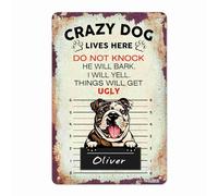 Metal Cartel Decoración Cartel De Chapa Retro Chapa Vintage Para Hogar Tienda 20X30Cm Aquí Vive Un Perro Loco. No Llames A La Puerta. Perro Bulldog Inglés. Ten Cuidado Con Los Perros Malos.