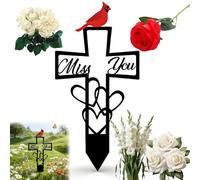Metal Cemetery Memorial Plaque for Remembrance, "Miss You" Script & Heart Accent, Cardinal Memorial Plaques Graveyard Sign with Cross, Outdoor Ground Stake for Cemetery, Garden Tribute (A-1)