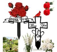 Metal Cemetery Memorial Plaque for Remembrance, "Miss You" Script & Heart Accent, Cardinal Memorial Plaques Graveyard Sign with Cross, Outdoor Ground Stake for Cemetery, Garden Tribute (Mix)