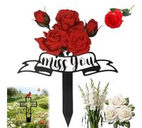 Metal Cemetery Memorial Plaque for Remembrance, "Miss You" Script & Heart Accent, Cardinal Memorial Plaques Graveyard Sign with Cross, Outdoor Ground Stake for Cemetery, Garden Tribute (B-1)