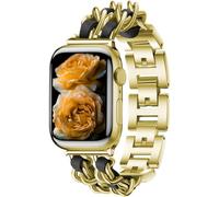 Metal Chain Band Compatible with Apple Watch Ultra3/2/1 SE3/2/1 Series11/10/9/8/7/6/5/4/3/2/1 Brazalete Estilo Western para Mujer 38/40/41/42/44/45/46/49mm - Oro+Cuero