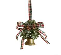 Metal Christmas Bell Ornament with Plaid Bow Pine Cones(A) | Bronze finish metal bell, plaid bow, snowy berries, pine cones, elegant festive look