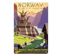 Metal Estaño Signo Noruega La Tierra del Sol De Medianoche Iglesia De Madera Sistema Panamericano De Vías Aéreas Mundiales Decoración Letrero De Metal Retro Cartel De Metal para Club 20X30Cm