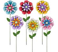 Metal Flower Garden Stakes, 6 Pc. Set, Large Colorful Decorative Landscape and Gardening Outdoor Decor, Lawn and Yard Ornament, Rust and Weather Resistant