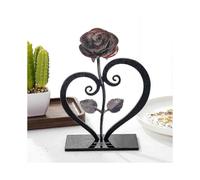 Metal Hand-forged Wrought Iron Red Rose with Heart Shaped Stand Gift
