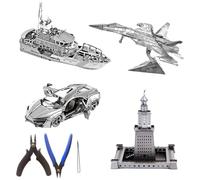 Metal Zone Pack Variedad 3D: Caza, Barco, Coche y Faro de Alejandría - Puzzle para Adultos - Kit de 4 Modelos + Herramientas