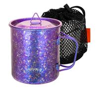 MetalPeak Taza de agua de titanio de 450 ml, olla de titanio con tapa, ultraligera, portátil, plegable, para camping, té, café, para mochileros, senderismo, picnic, vasos (morado)