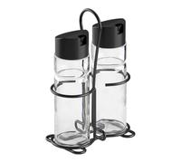Metaltex Vinagrera y aceite de 3 piezas - Dispensador de cristal en soporte de metal negro