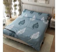 Meteorwi Home- Juego de Sábanas Estampada 3 Piezas para Cama 90/135/150/180cm,Incluye 1sabana Bajera Ajustable, 1 Encimera, 1 Funda de Almohada. (150x200 Cama 150, Hojas Fundo Azul)