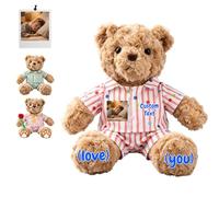 MeterBear Personalizado Oso Peluche A Medida con Foto Y Texto, Oso Marron Acogedor De 25 cm con Pijama para Fiesta De Bebé Pequeños Y Habitación Infantil San Valentín Navidad