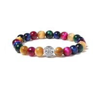 MetJakt Pulsera brazalete elástica de cuentas de piedras preciosas naturales de cristal curativo de 8 mm con colgante de doble felicidad de plata de ley 925, Entre 18 cm et 18,5 cm, Plata de ley
