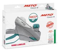 Meto HACCP - Rotulador manual (para etiquetas de 26 x 16 mm, 14 textos predefinidos, 2 líneas, 20 dígitos, etiquetador de precios Meto Classic M, plateado-teal)