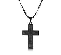 Metro Jewelry Collar con colgante de cruz larga de 22 pulgadas para hombres en acero inoxidable con fibra de carbono y garra de langosta chapada en iones negros, Metal